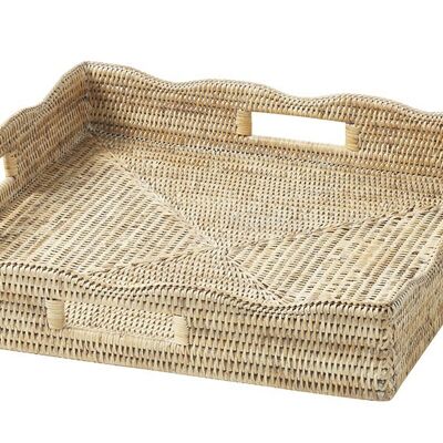 Large square tray Ocean waves rattan white limed