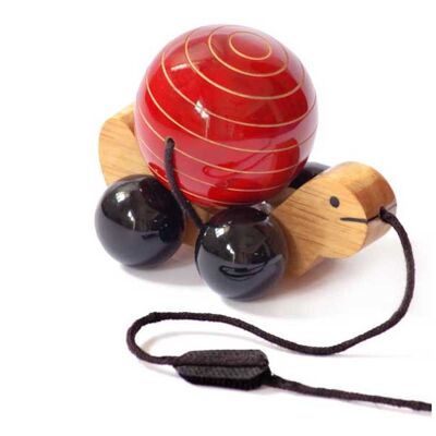Pull Along Wooden Toy Turtle Rotating Shell Handmade Non Toxic – Red