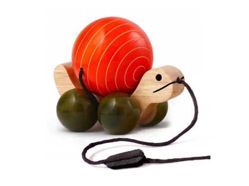 Pull Along Wooden Toy Turtle Rotating Shell Handmade Non Toxic – Orange