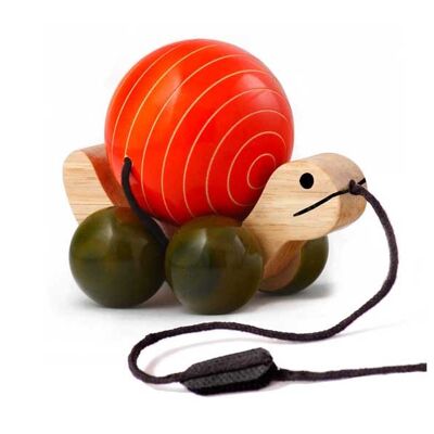Tirez le long de la coquille rotative de tortue de jouet en bois faite à la main non toxique - orange