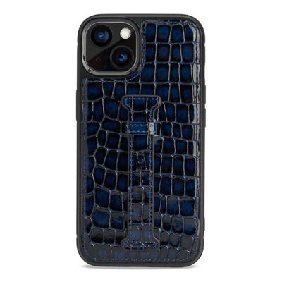 iPhone 13 leather case with finger loop Milano design blue