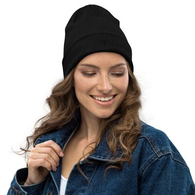 Womens Organic Ribbed Beanie with Black Embroidered Bulls Head - black