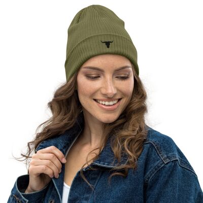 Womens Organic Ribbed Beanie with Black Embroidered Bulls Head - olive-green