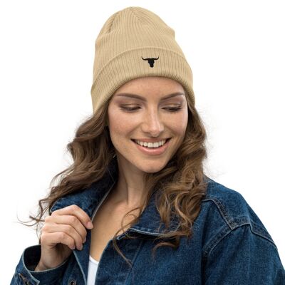 Womens Organic Ribbed Beanie with Black Embroidered Bulls Head - sand