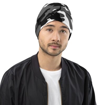 Mens Camo Beanie – Black White Snow Camouflage Beanie