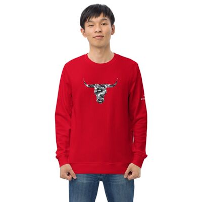 Mens organic sweatshirt with camouflauge bull - red