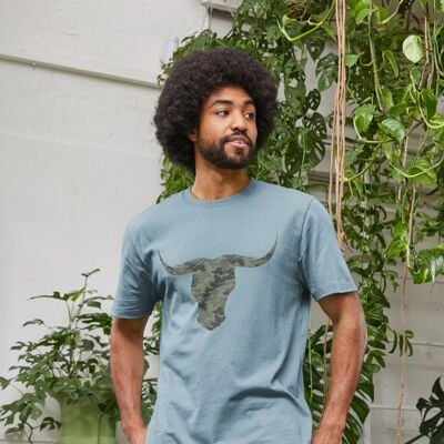 Mens Camouflage Bull Head Eco-Friendly Organic Cotton T-Shirt - blue-2