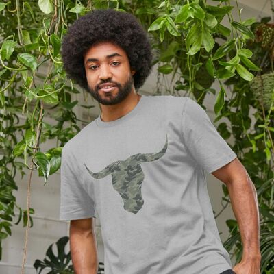 Mens Camouflage Bull Head Eco-Friendly Organic Cotton T-Shirt - grey