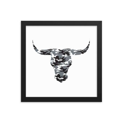 Framed Camouflage Long Horn Bulls Head by Stitch & Simon - black 12x12