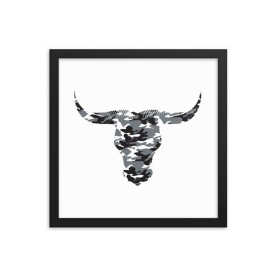 Framed Camouflage Long Horn Bulls Head by Stitch & Simon - black 14x14