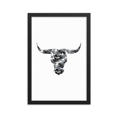 Framed Camouflage Long Horn Bulls Head by Stitch & Simon - black 12x18