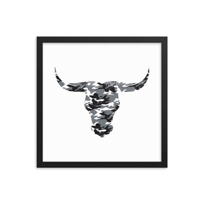 Framed Camouflage Long Horn Bulls Head by Stitch & Simon - black 16x16