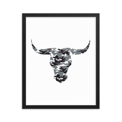 Framed Camouflage Long Horn Bulls Head by Stitch & Simon - black 16x20
