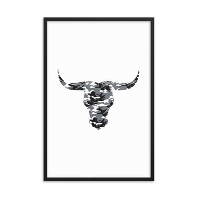 Framed Camouflage Long Horn Bulls Head by Stitch & Simon - black 24x36