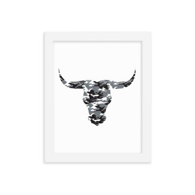 Framed Camouflage Long Horn Bulls Head by Stitch & Simon - white 8x10