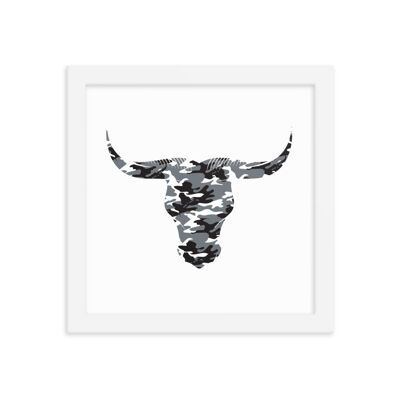 Framed Camouflage Long Horn Bulls Head by Stitch & Simon - white 10x10