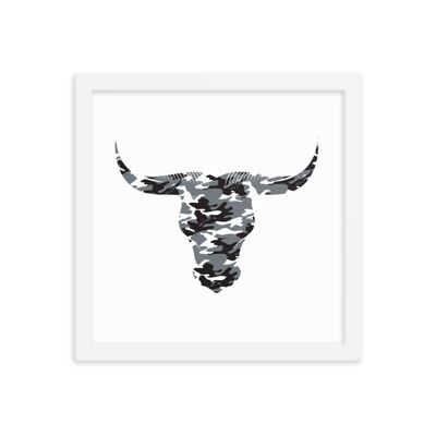 Framed Camouflage Long Horn Bulls Head by Stitch & Simon - white 12x12
