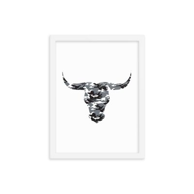Framed Camouflage Long Horn Bulls Head by Stitch & Simon - white 12x16