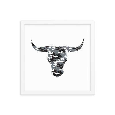 Framed Camouflage Long Horn Bulls Head by Stitch & Simon - white 14x14