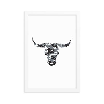 Framed Camouflage Long Horn Bulls Head by Stitch & Simon - white 12x18