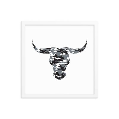 Framed Camouflage Long Horn Bulls Head by Stitch & Simon - white 16x16