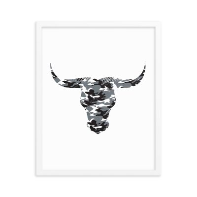 Framed Camouflage Long Horn Bulls Head by Stitch & Simon - white 16x20