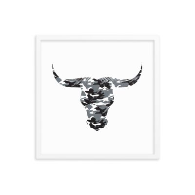 Framed Camouflage Long Horn Bulls Head by Stitch & Simon - white 18x18