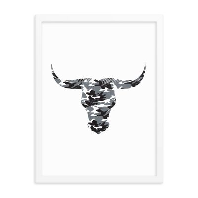 Framed Camouflage Long Horn Bulls Head by Stitch & Simon - white 18x24