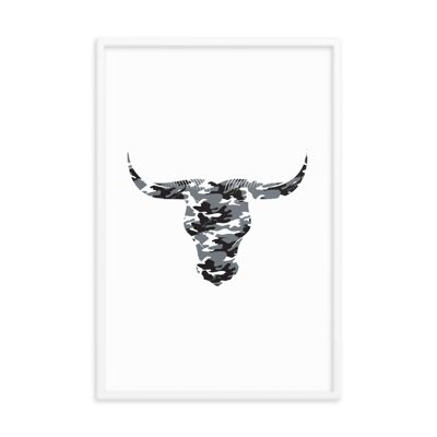 Framed Camouflage Long Horn Bulls Head by Stitch & Simon - white 24x36
