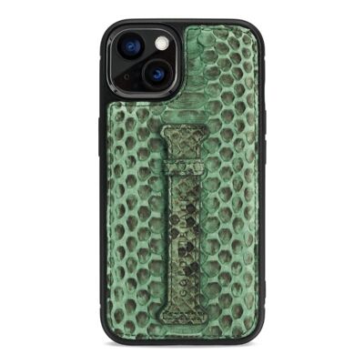 iPhone 13 leather case with finger loop python green
