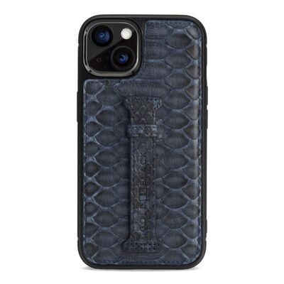 iPhone 13 leather case with finger loop python navy blue