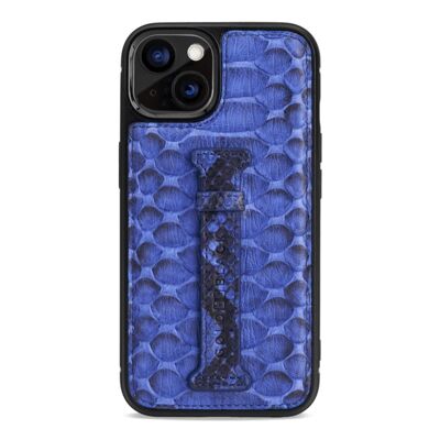 Funda de piel para iPhone 13 con lazo para dedo azul pitón