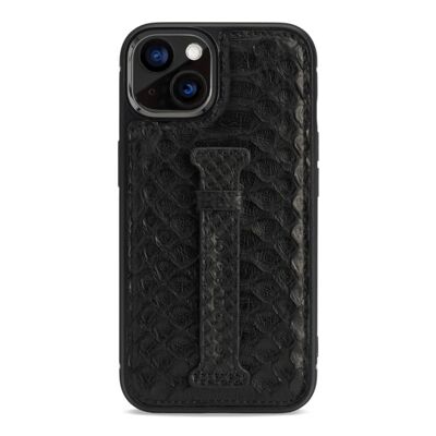 Etui cuir iPhone 13 avec passant doigt python noir