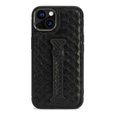 iPhone 13 leather case with finger loop python black