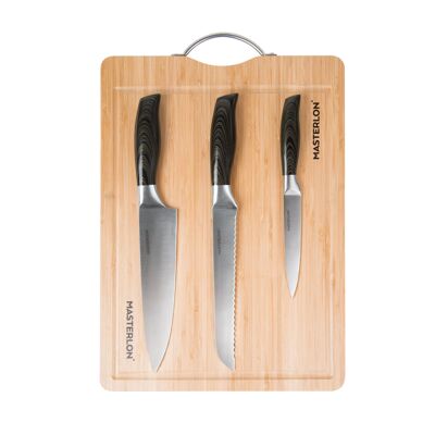 4pc Knife Set, Bamboo Chopping Board, Extra-Sharp, Ergonomic Handles