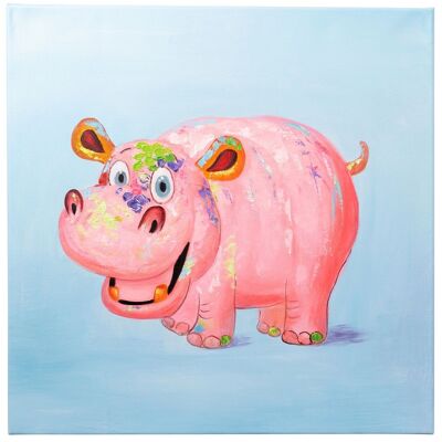 Joyeux hippopotame | Huile sur toile peinte à la main | 60x 60cm Encadré.
