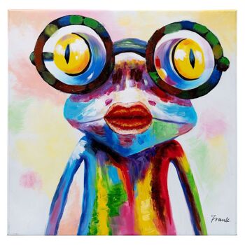 Crazy Girl Frog à lunettes | Huile sur toile peinte à la main | 50x50cm Encadré