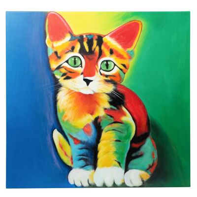 Gatito deslumbrantemente colorido | Óleo sobre lienzo pintado a mano | 60x60cm enmarcado