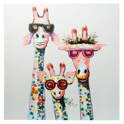 3 girafes sympas | Huile sur toile peinte à la main | 60x60cm Encadré