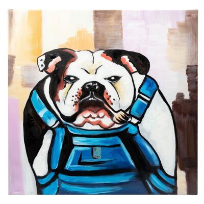 Bulldog gruñón en Dungerees | Pintado a mano | 60 x 60 cm enmarcado