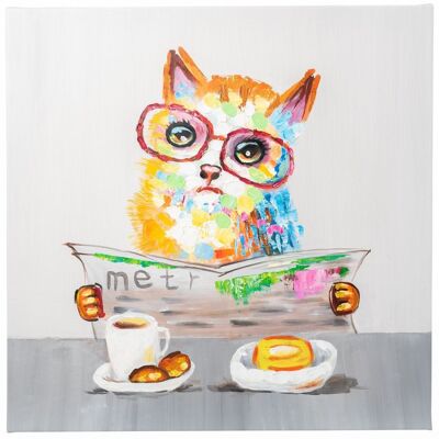 Gatto con giornale | Olio su tela dipinto a mano | 60x60cm Incorniciato | Metà prezzo