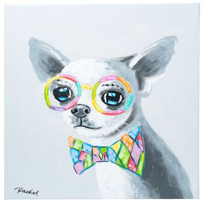 Chihuahua lindo con pajarita | Óleo sobre lienzo pintado a mano | 50x50cm enmarcado