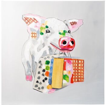 Cochon heureux avec Shopping | Huile sur toile | 60x60cm Encadré |