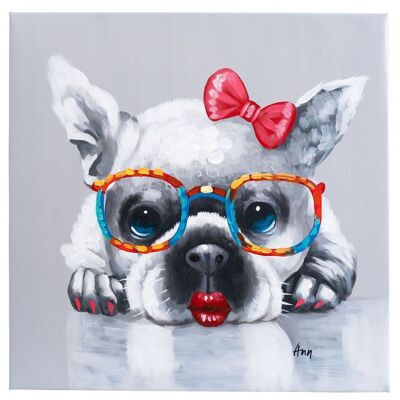 Ragazza Bulldog francese | Olio su tela dipinto a mano | 50x50 cm Incorniciato.