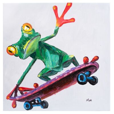 Rana su skateboard | Olio su tela dipinto a mano | 50x50 cm Incorniciato.