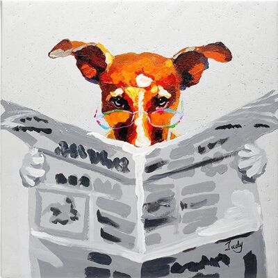 Dog reading newspaper. 100% hand painted oil on canvas. Framed