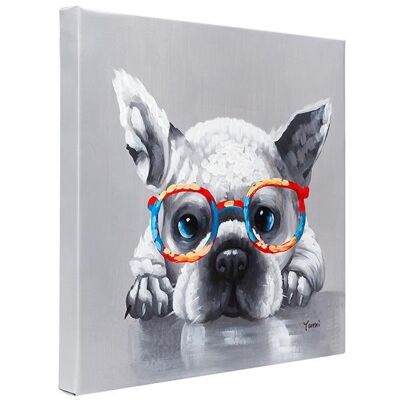 Simpatico bulldog francese con gli occhiali | Olio su tela dipinto a mano | Varie dimensioni | Incorniciato - 50x50 cm (19x19 pollici)