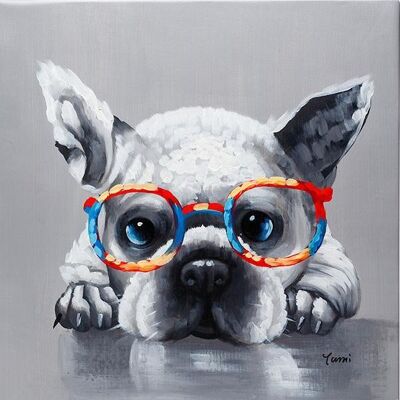 Bouledogue français mignon avec des lunettes | Huile sur toile peinte à la main | Différentes tailles | Encadré - 60x60cm (23x23 pouces)