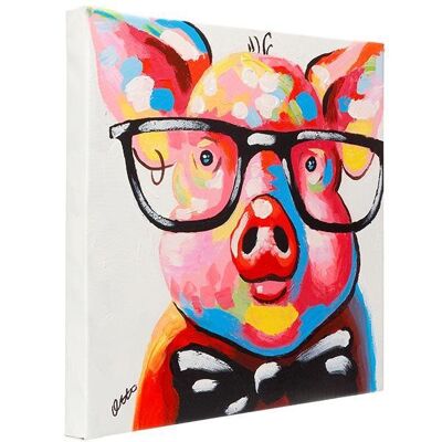 Pig in glasses with bow tie. 100% hand painted oil on canvas. Framed.