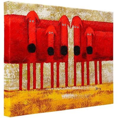 Cinq chiens rouges au regard interrogateur | Huile sur toile peinte à la main | 56x48cm Encadré
